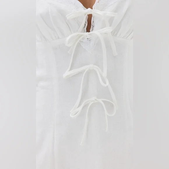 Reformation Reia White Linen Bow Mini Dress Lace Trim Women’s Size 6 - Picture 6 of 10